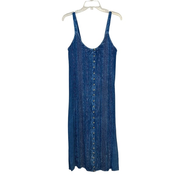 raya sun Dresses & Skirts - Raya Sun Dress Chambray Blue Embroidered Button Front Midi Sleeveless Large
